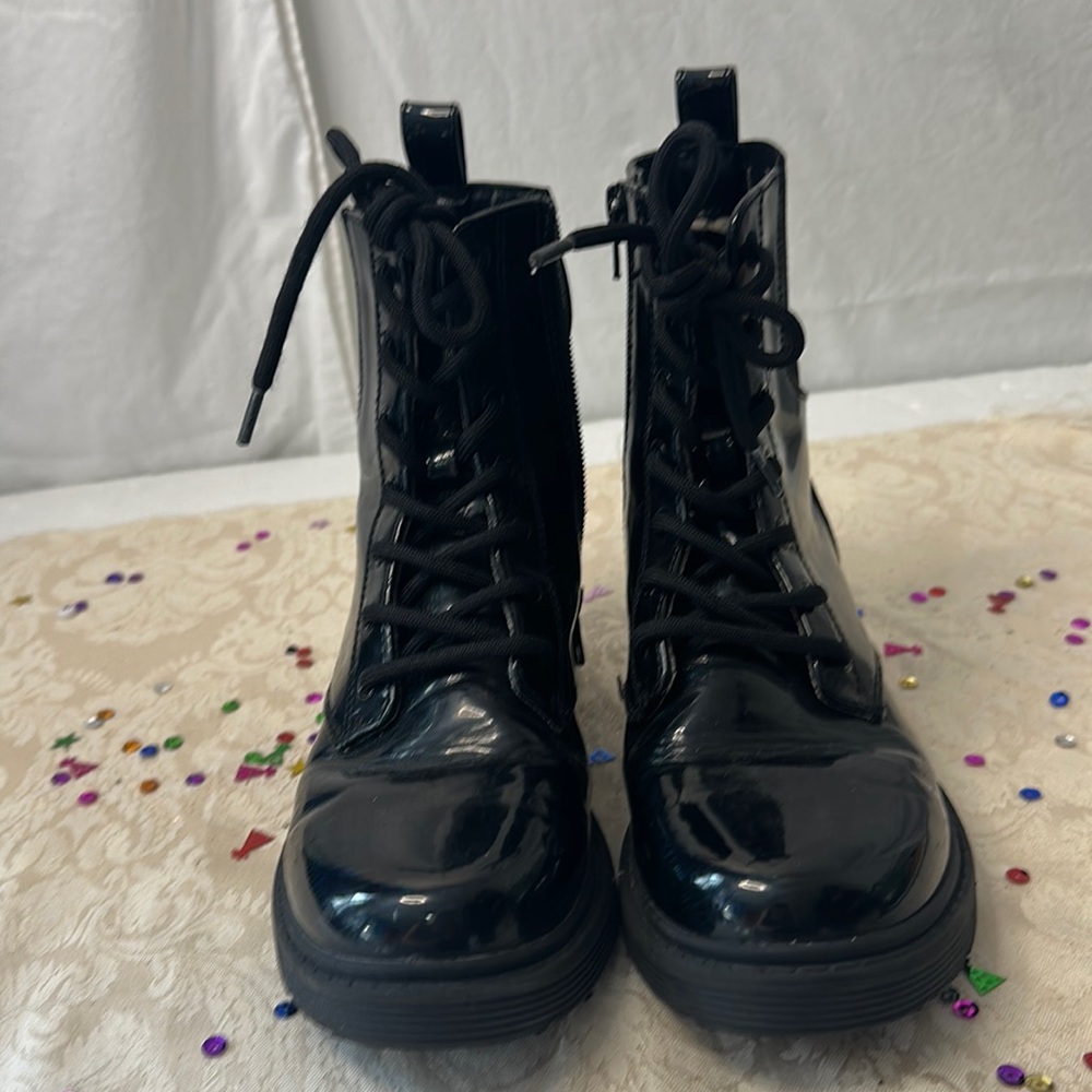 Size 2 black patent combat boots in good condition